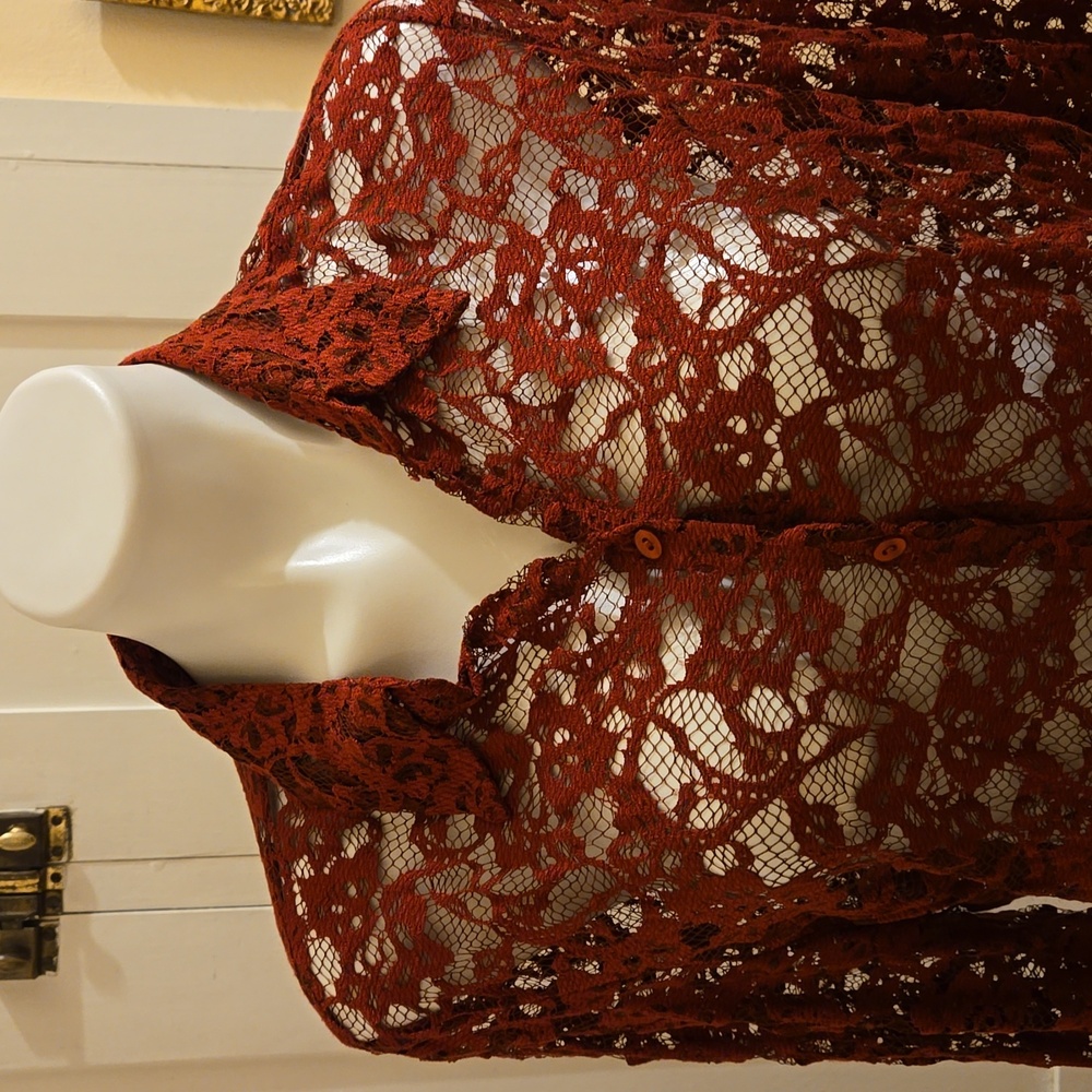 Ice Crimson Sheer Lace Blouse Sz L - image 2